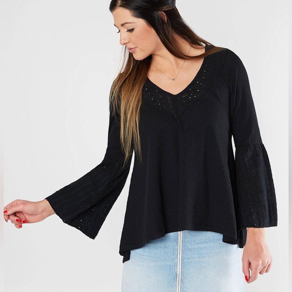 Free People Parisian Nights Black Long Bell Sleeve Blouse, Size S